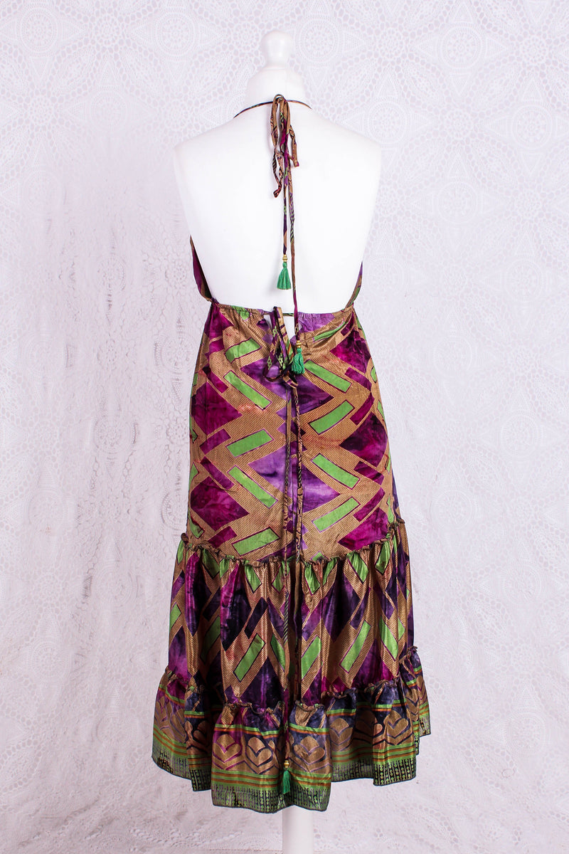 Cherry Mini Halter Dress - Amethyst, Gold & Lime Graphic Vintage Sari (Free Size)