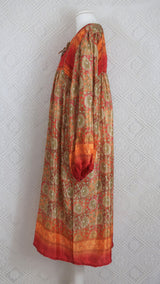 Daphne Smock Dress - Vintage Indian Sari - Fiery Sunset Floral - S/M