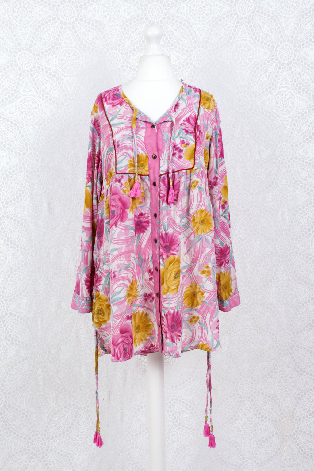 Jude Tunic Top - Vintage Indian Sari - Pink, White & Grey Floral (M/L)