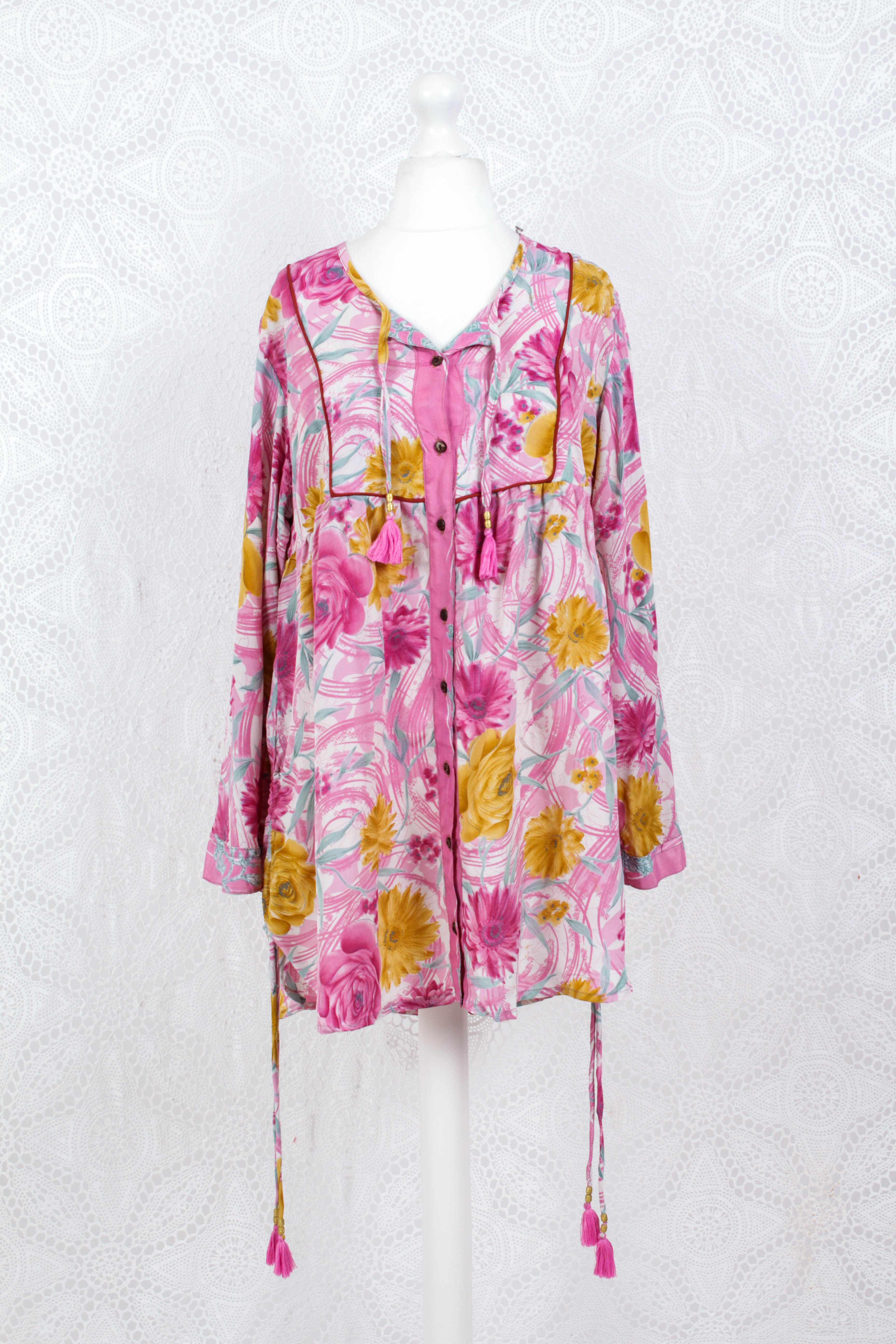 Jude Tunic Top - Vintage Indian Sari - Pink, White & Grey Floral (M/L)