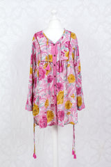 Jude Tunic Top - Vintage Indian Sari - Pink, White & Grey Floral (M/L)