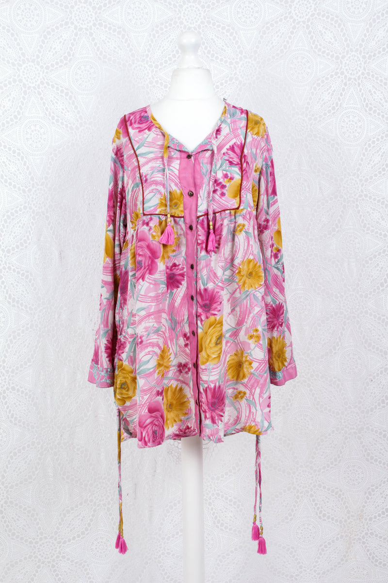 Jude Tunic Top - Vintage Indian Sari - Pink, White & Grey Floral (M/L)