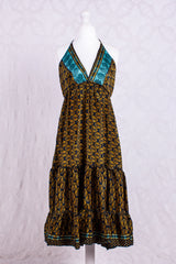 Cherry Mini Halter Dress - Navy & Yellow Gold Vintage Sari (Free Size)