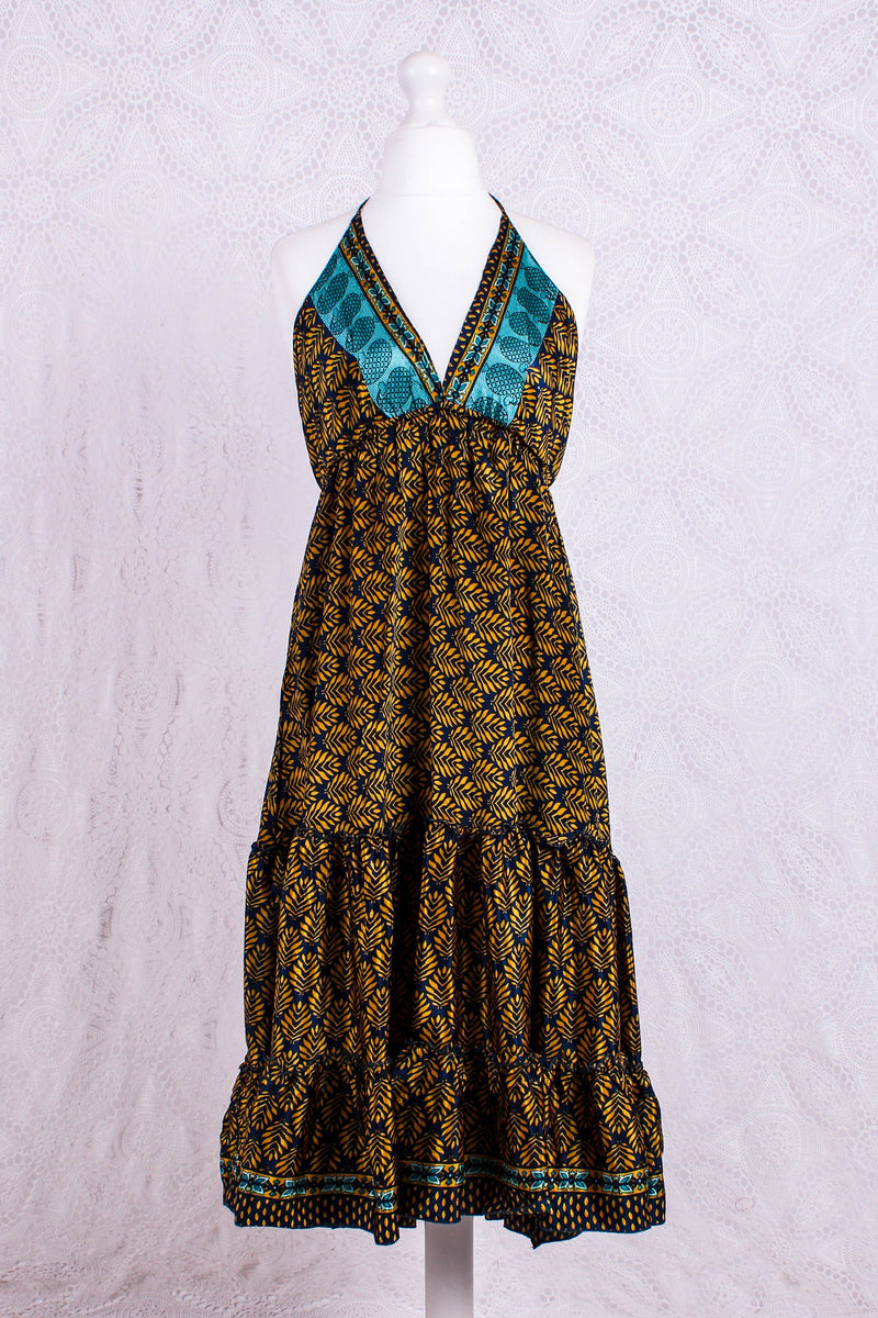 Cherry Mini Halter Dress - Navy & Yellow Gold Vintage Sari (Free Size)
