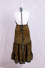 Cherry Mini Halter Dress - Navy & Yellow Gold Vintage Sari (Free Size)