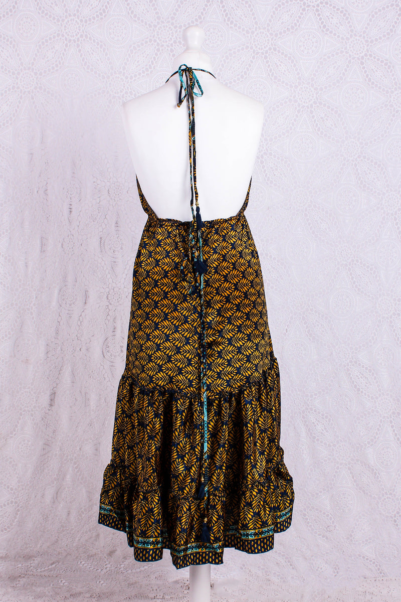 Cherry Mini Halter Dress - Navy & Yellow Gold Vintage Sari (Free Size)