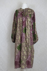 Daphne Smock Dress - Vintage Indian Sari - Cream, Mauve & Green Floral - S/M