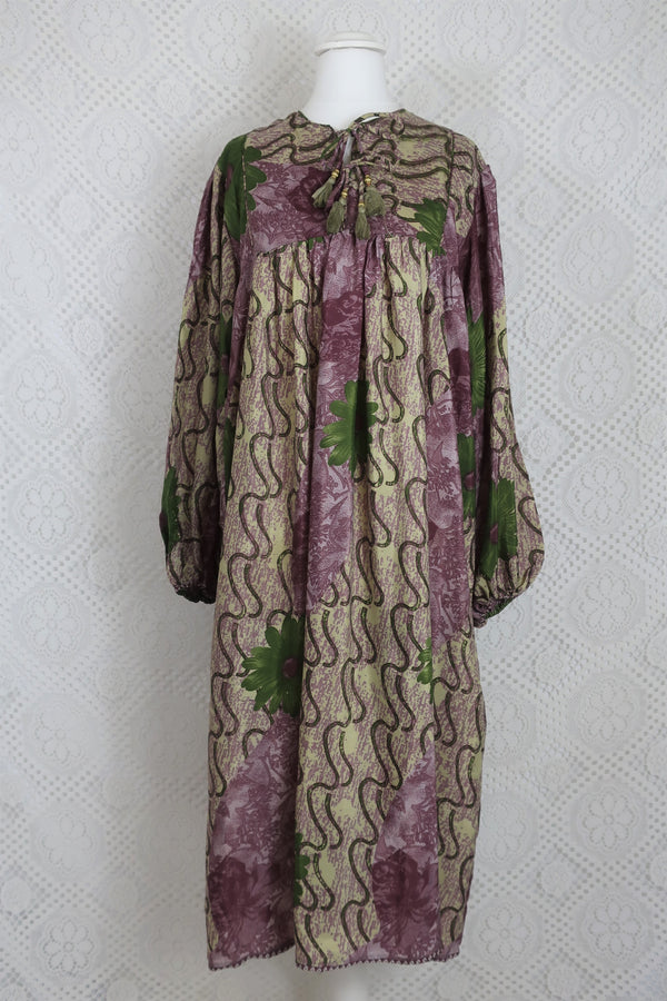 Daphne Smock Dress - Vintage Indian Sari - Cream, Mauve & Green Floral - S/M