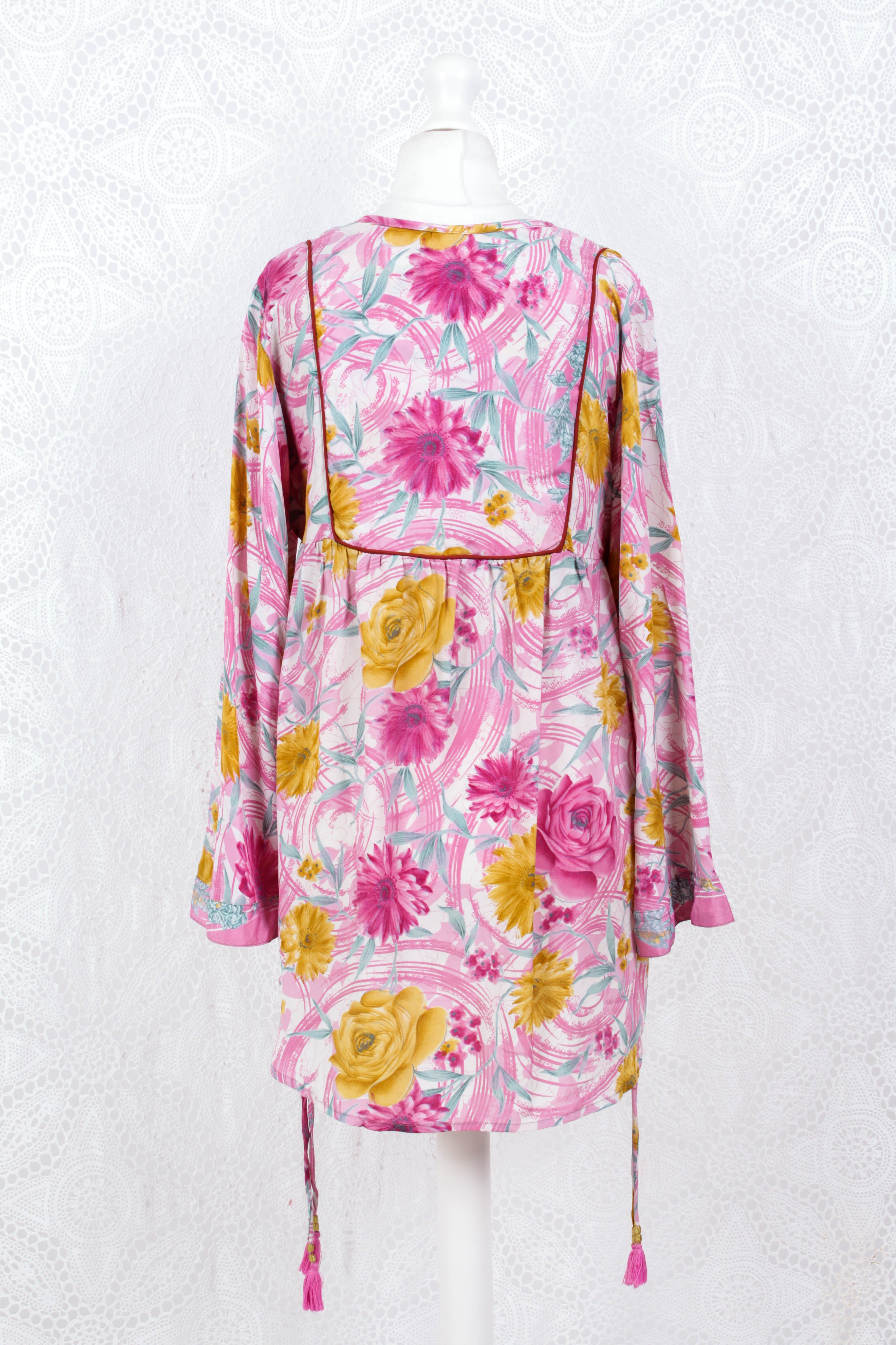 Jude Tunic Top - Vintage Indian Sari - Pink, White & Grey Floral (M/L)