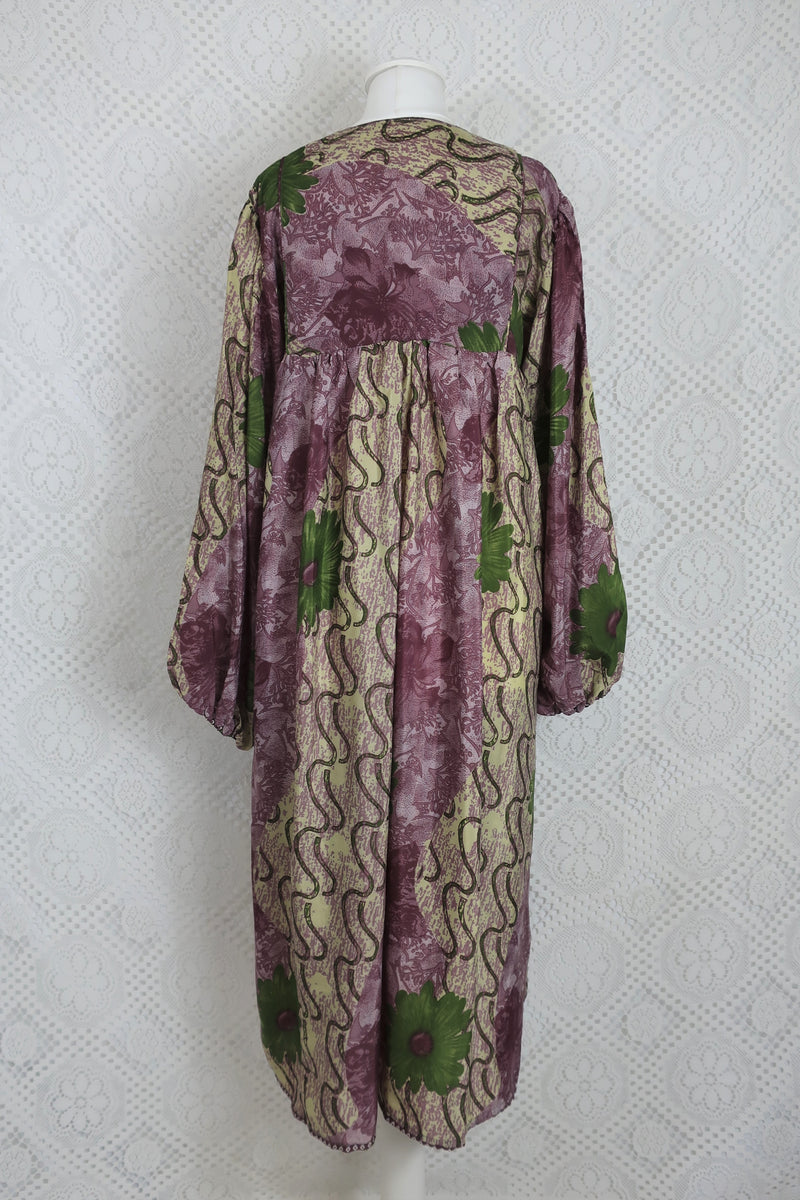 Daphne Smock Dress - Vintage Indian Sari - Cream, Mauve & Green Floral - S/M
