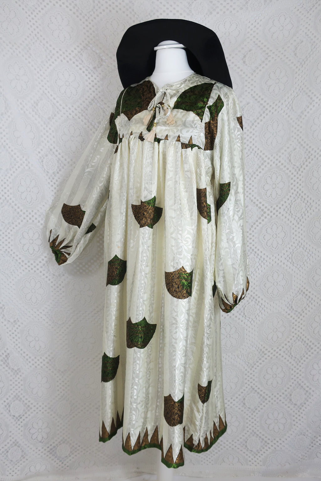 Daphne Smock Dress - Vintage Indian Sari - Ivory & Moss Green Shimmer - S/M