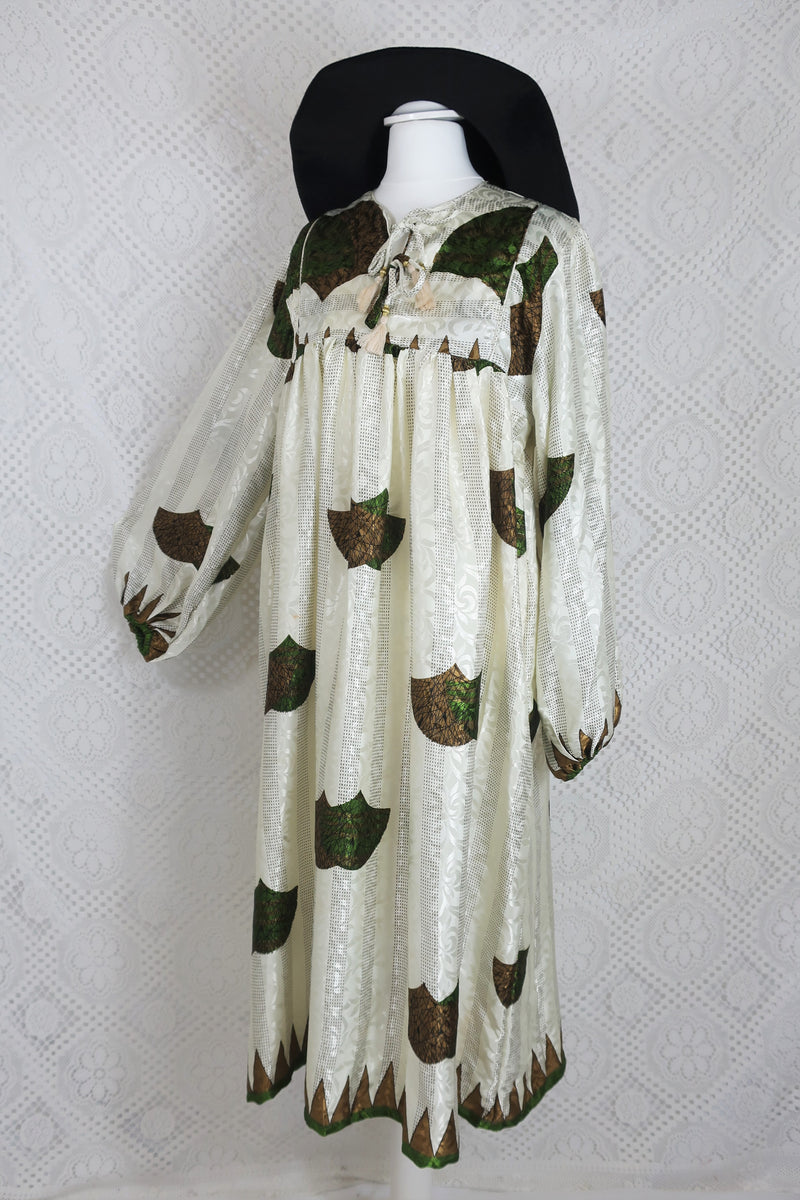 Daphne Smock Dress - Vintage Indian Sari - Ivory & Moss Green Shimmer - S/M