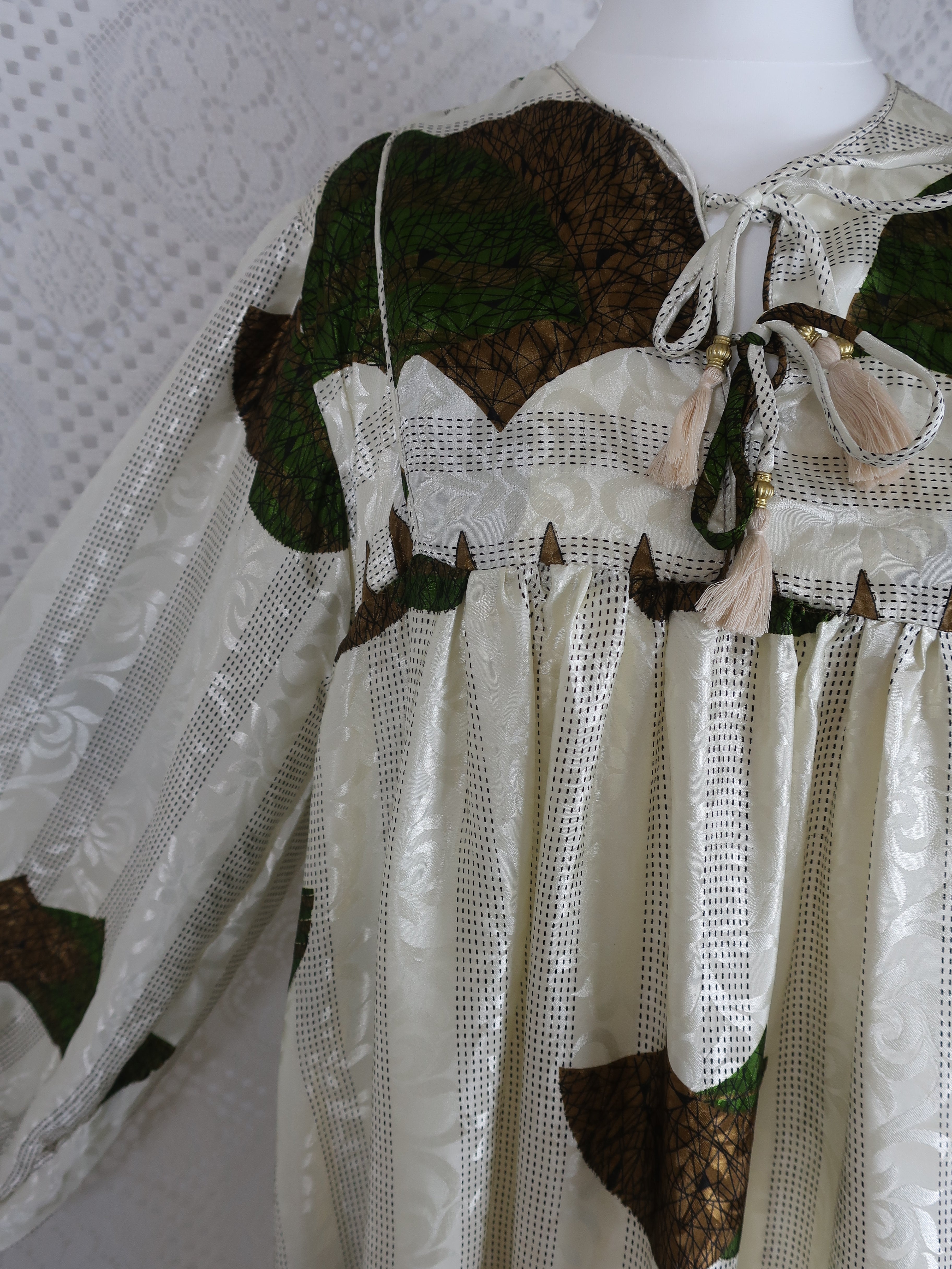 Daphne Smock Dress - Vintage Indian Sari - Ivory & Moss Green Shimmer - S/M