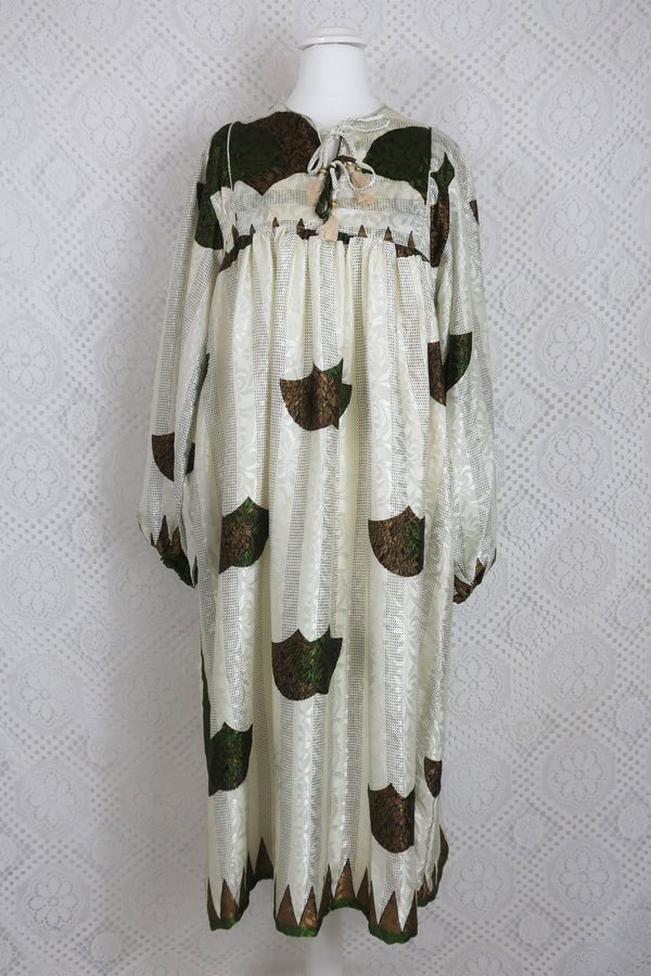 Daphne Smock Dress - Vintage Indian Sari - Ivory & Moss Green Shimmer - S/M