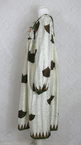 Daphne Smock Dress - Vintage Indian Sari - Ivory & Moss Green Shimmer - S/M