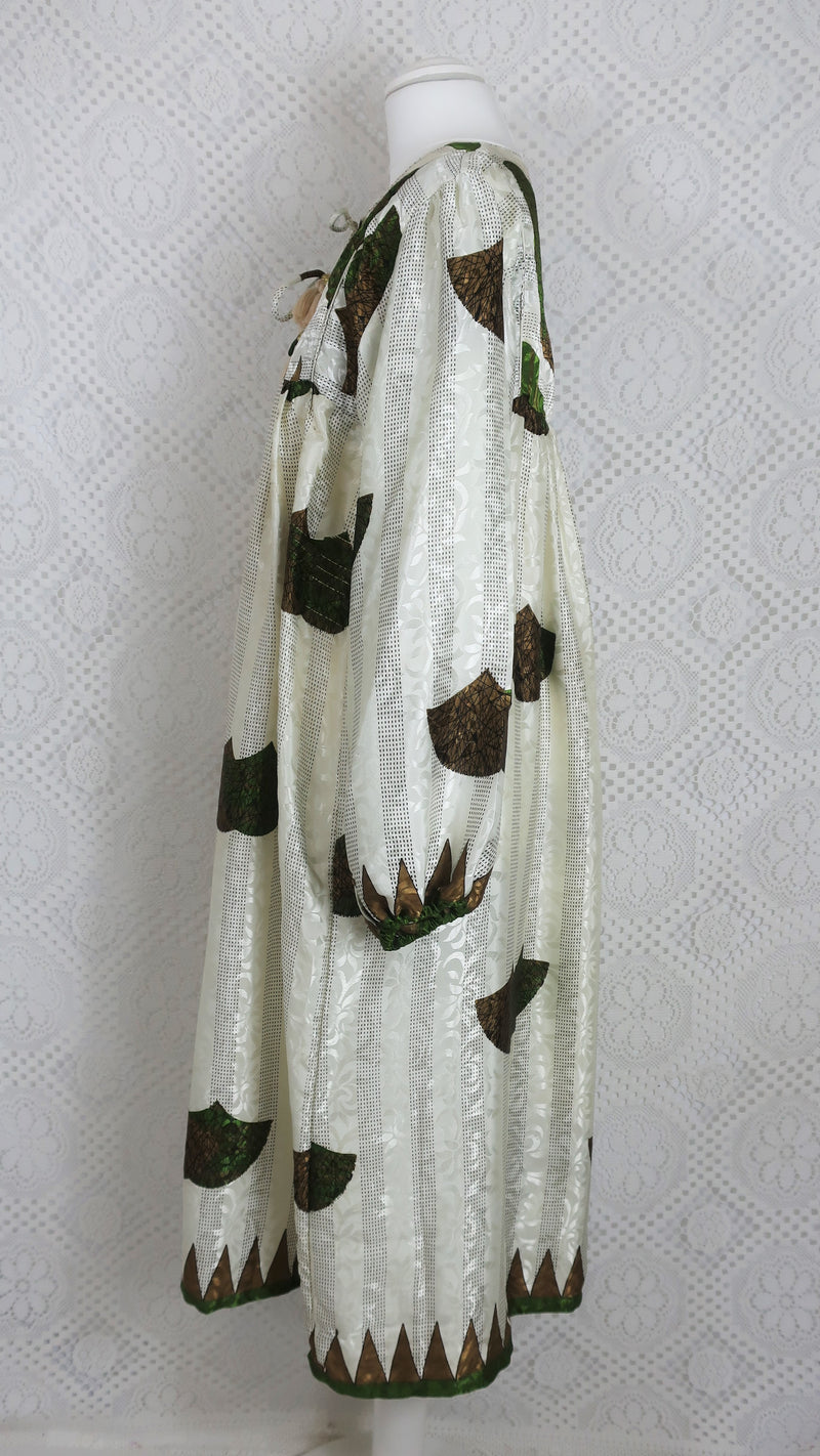 Daphne Smock Dress - Vintage Indian Sari - Ivory & Moss Green Shimmer - S/M