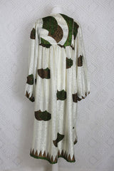 Daphne Smock Dress - Vintage Indian Sari - Ivory & Moss Green Shimmer - S/M