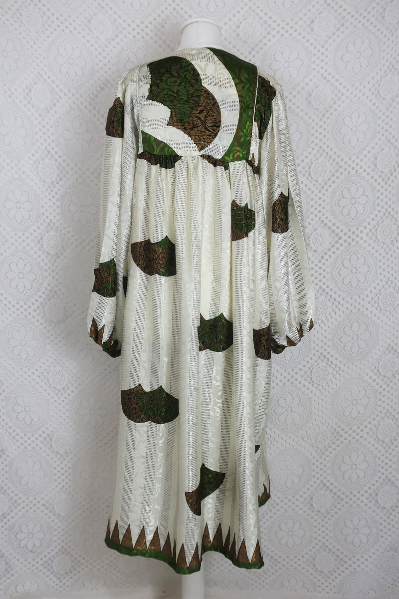 Daphne Smock Dress - Vintage Indian Sari - Ivory & Moss Green Shimmer - S/M