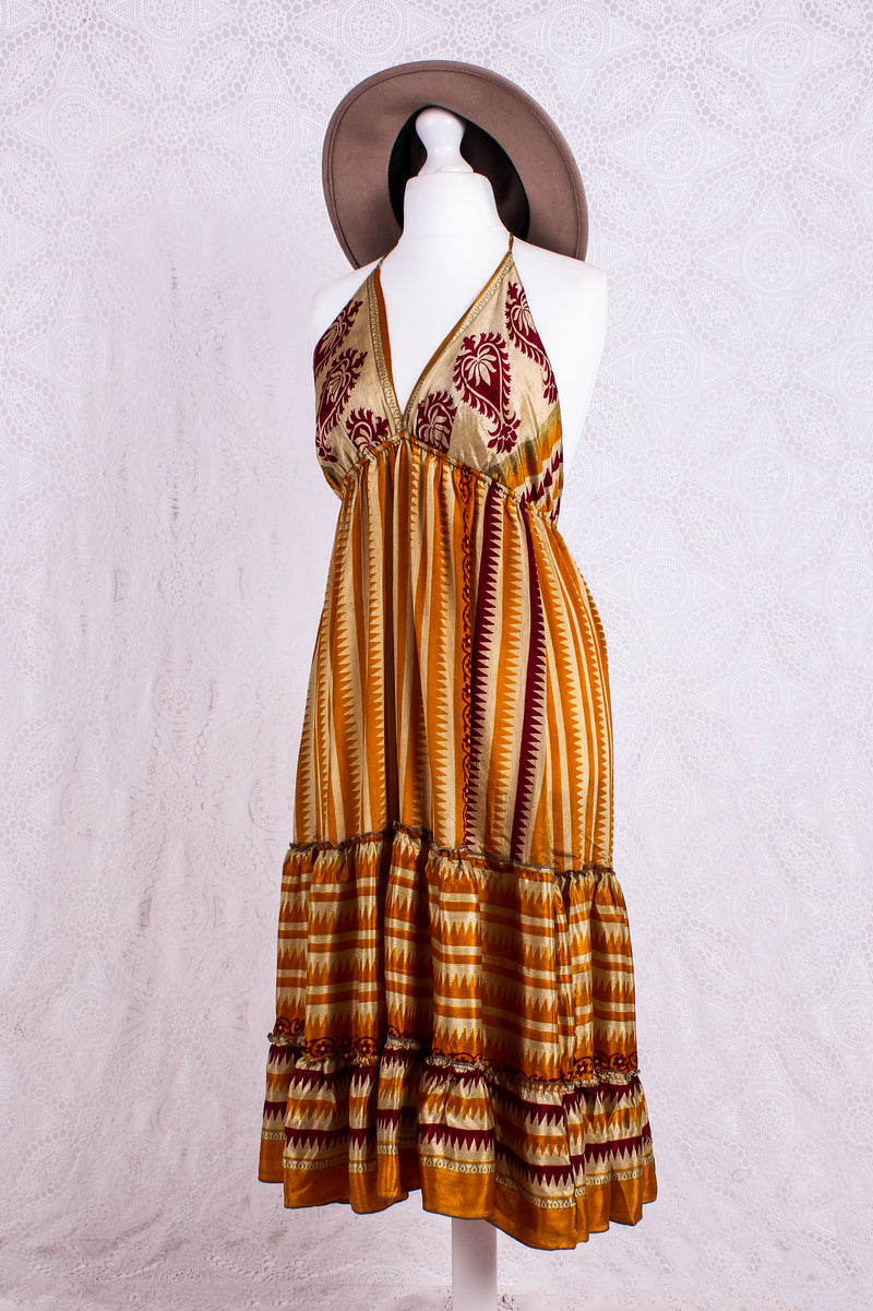 Cherry Mini Halter Dress - Turmeric & Wine Geometric Vintage Sari (Free Size)