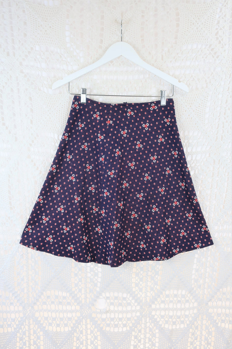 70's Vintage  - Knitted Mini Skirt - Blue & Red Polka Dots - XXS