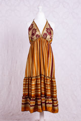 Cherry Mini Halter Dress - Turmeric & Wine Geometric Vintage Sari (Free Size)