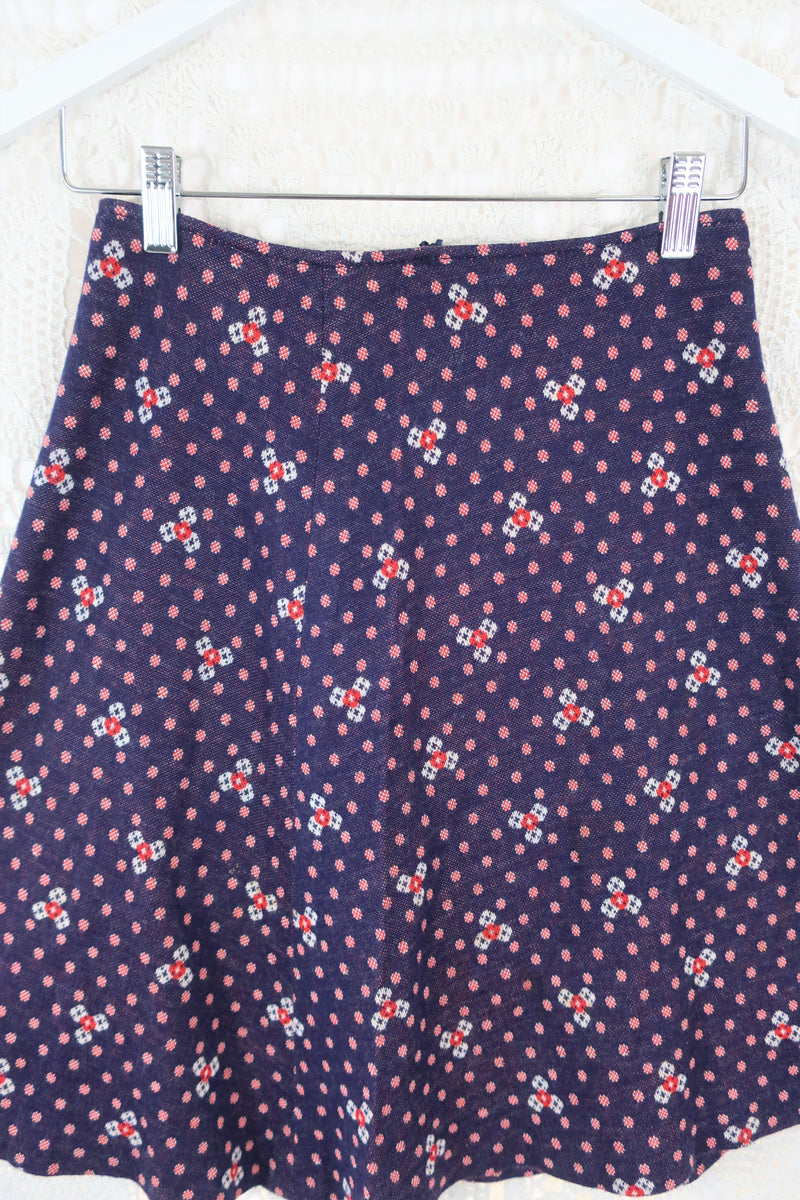 70's Vintage  - Knitted Mini Skirt - Blue & Red Polka Dots - XXS