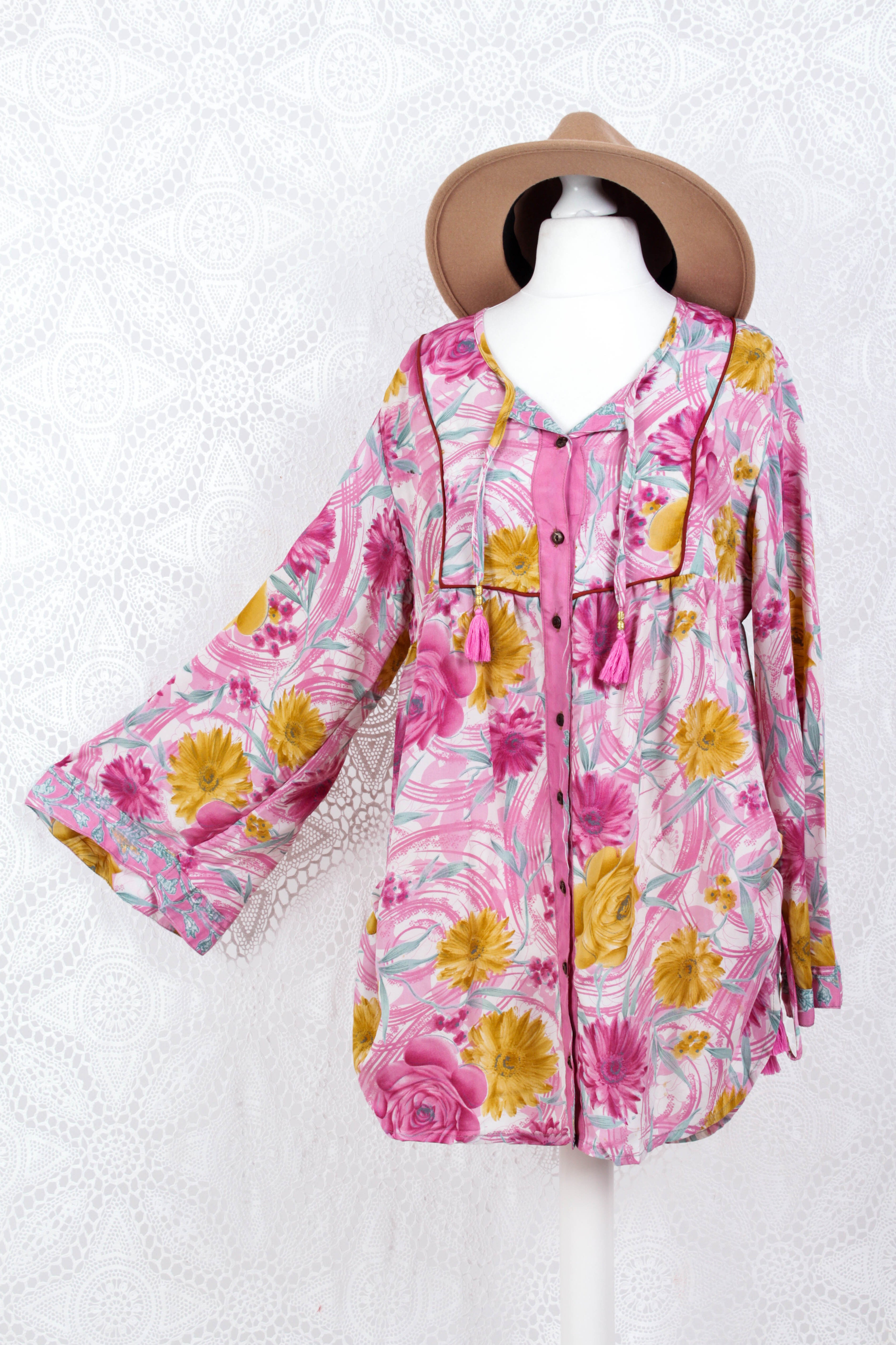 Jude Tunic Top - Vintage Indian Sari - Pink, White & Grey Floral (M/L)