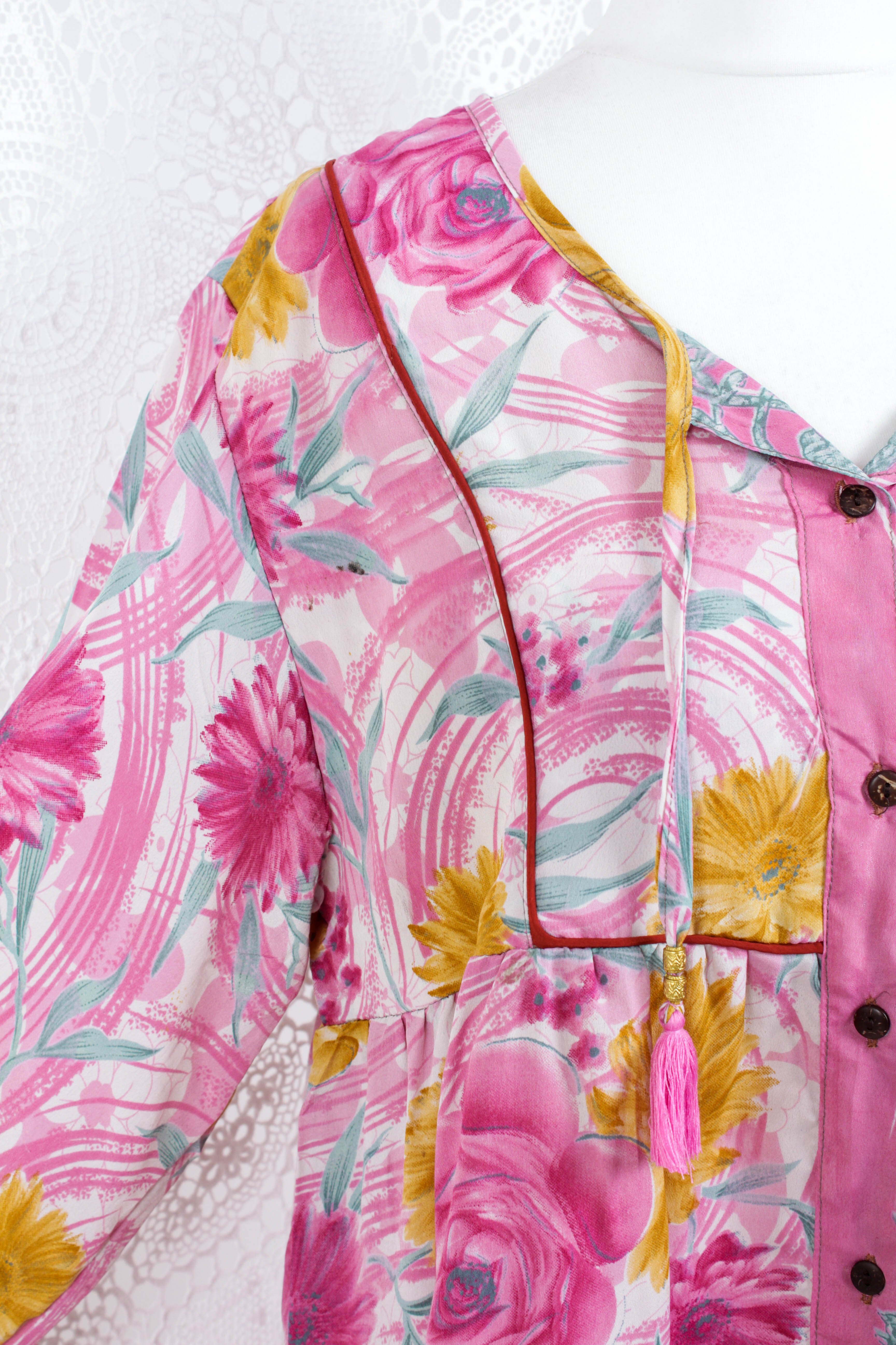 Jude Tunic Top - Vintage Indian Sari - Pink, White & Grey Floral (M/L)