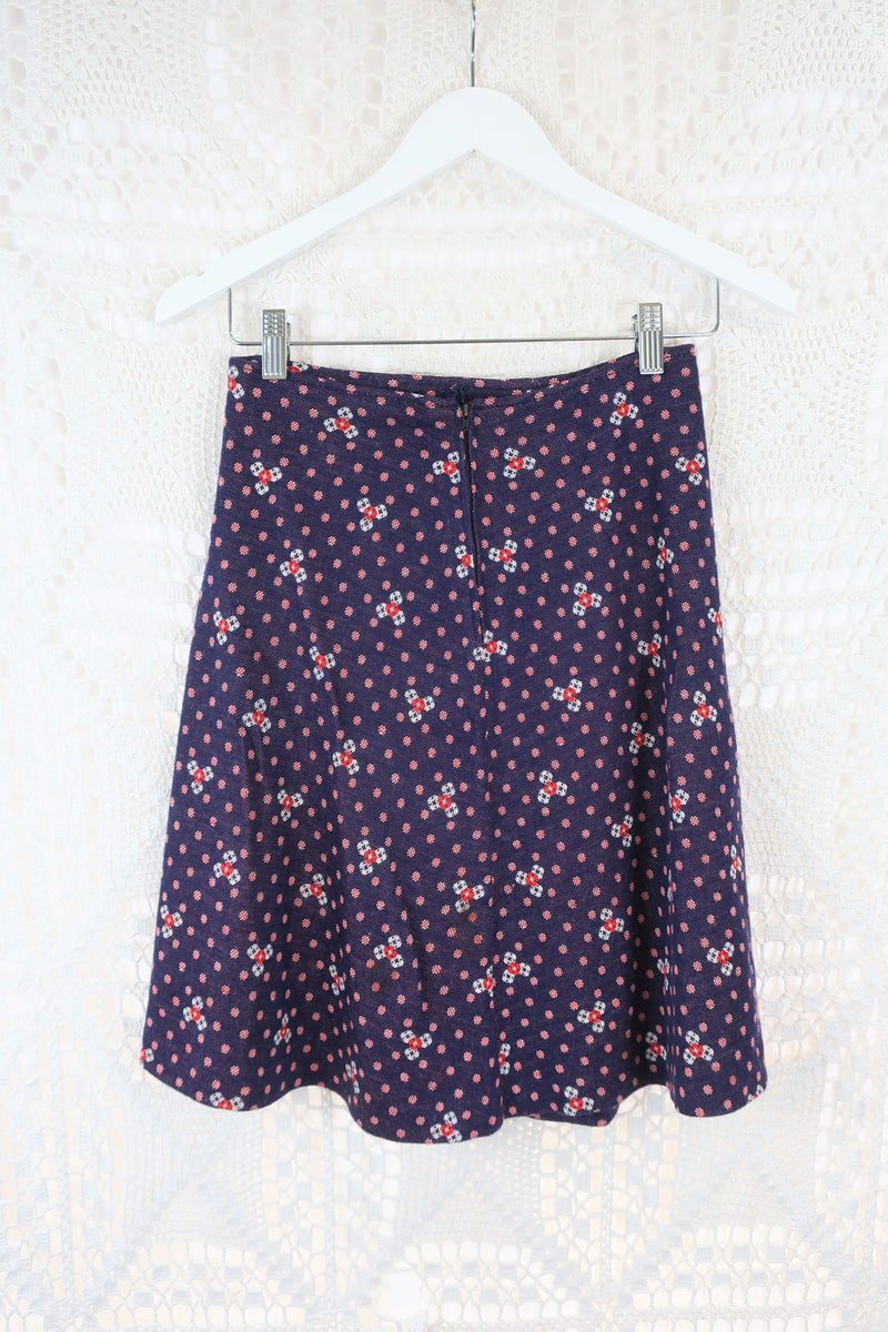 70's Vintage  - Knitted Mini Skirt - Blue & Red Polka Dots - XXS