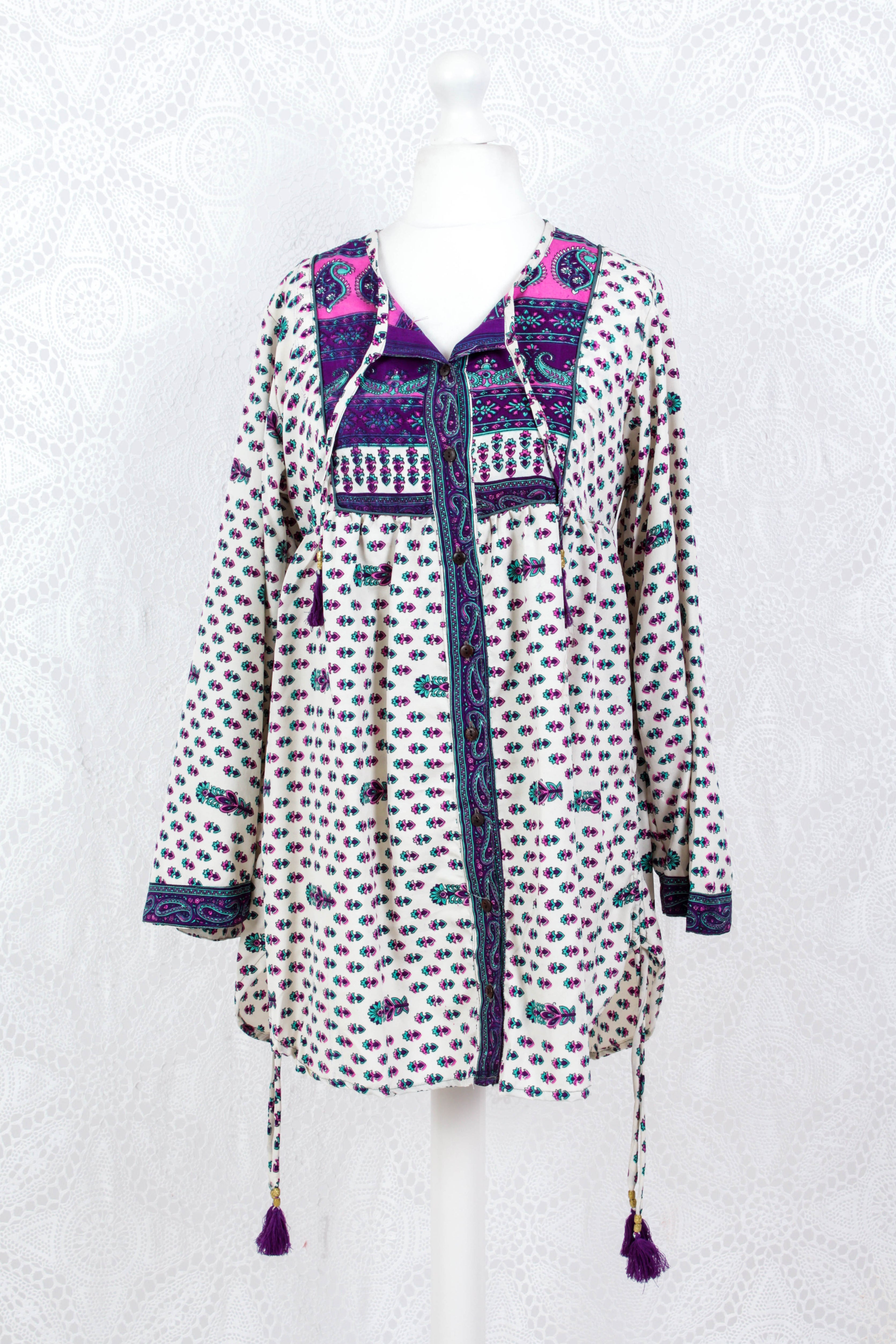Jude Tunic Top - Vintage Indian Sari - Cream, Purple & Pink Floral (S/M)