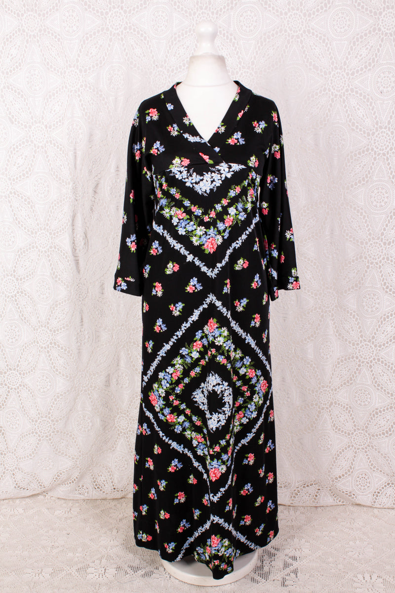 70s Vintage Dress - Deep Black & Bright Floral - Size S