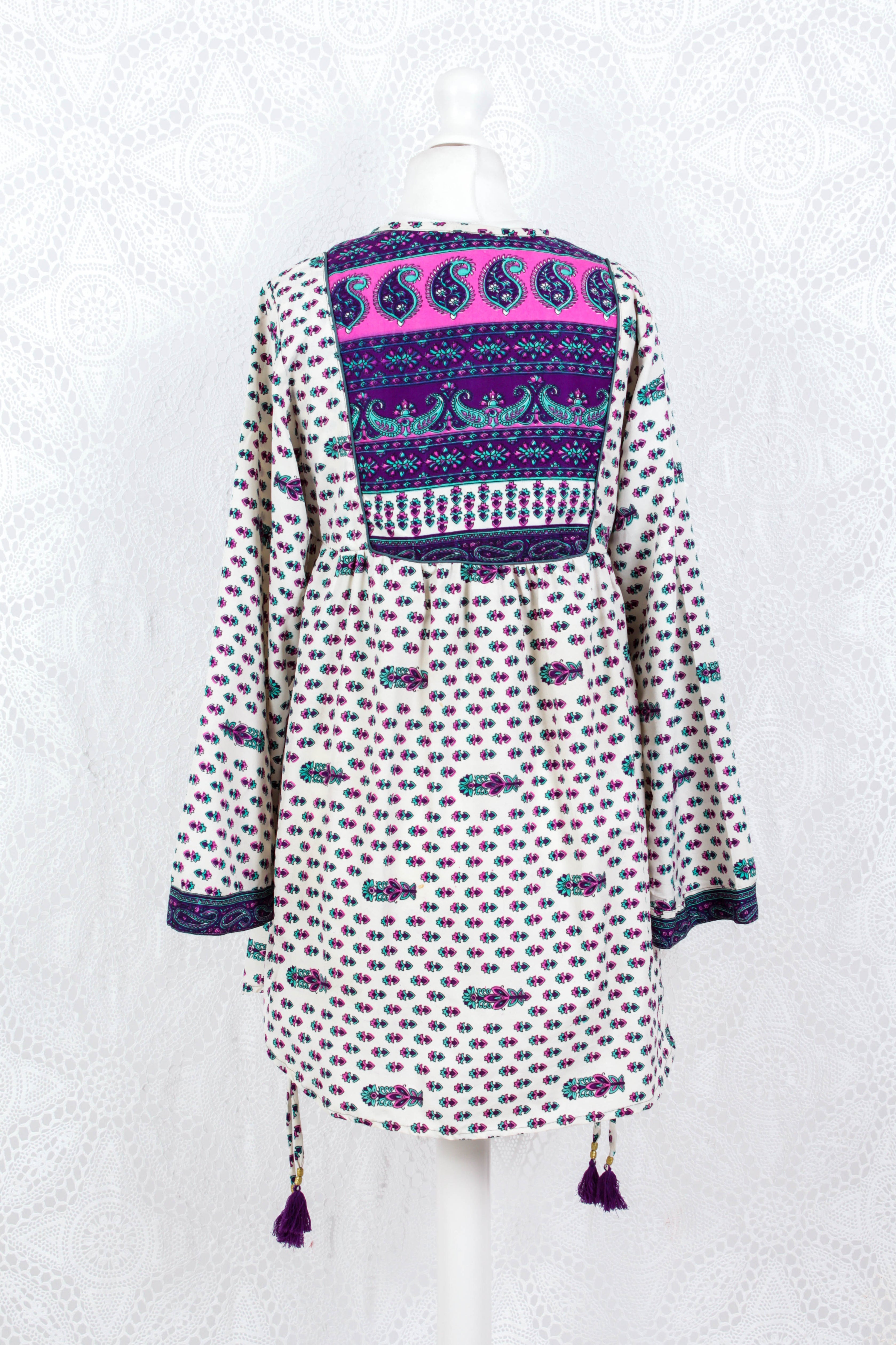 Jude Tunic Top - Vintage Indian Sari - Cream, Purple & Pink Floral (S/M)