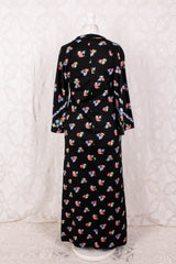 70s Vintage Dress - Deep Black & Bright Floral - Size S