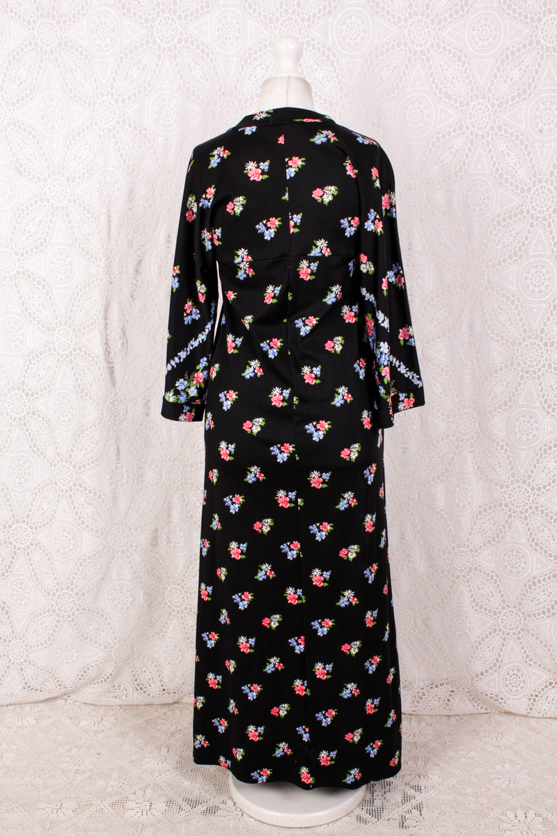 70s Vintage Dress - Deep Black & Bright Floral - Size S