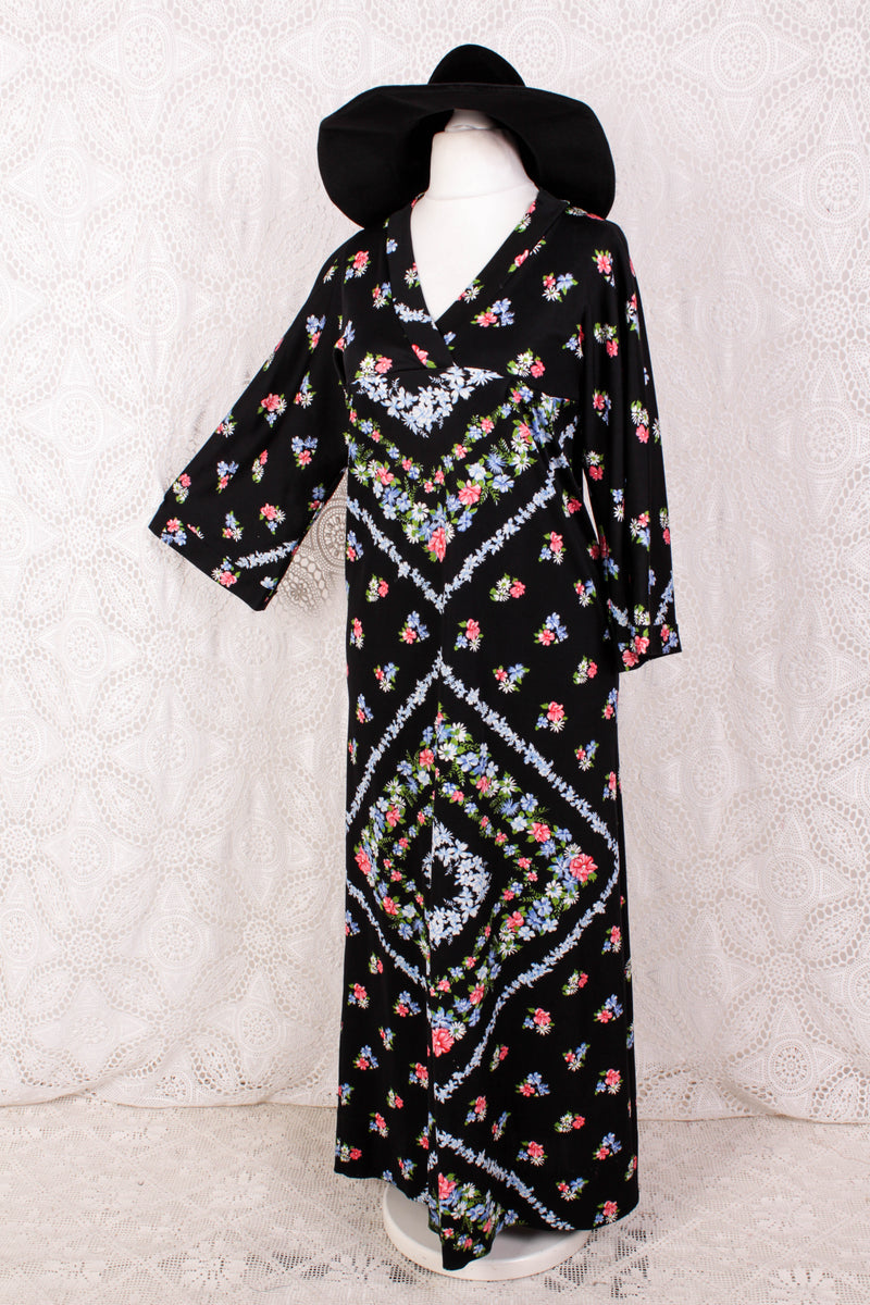 70s Vintage Dress - Deep Black & Bright Floral - Size S