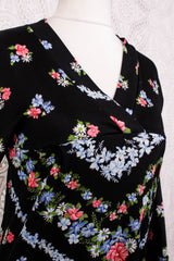 70s Vintage Dress - Deep Black & Bright Floral - Size S