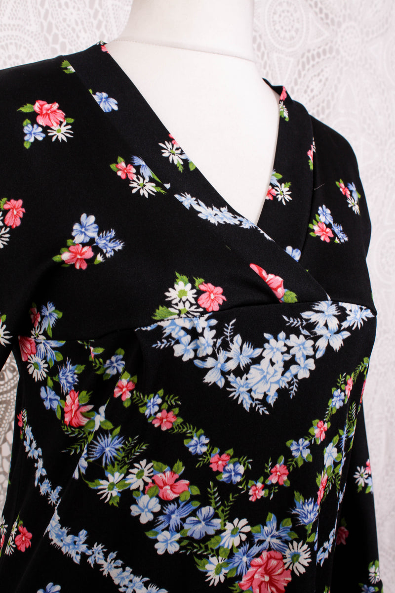 70s Vintage Dress - Deep Black & Bright Floral - Size S
