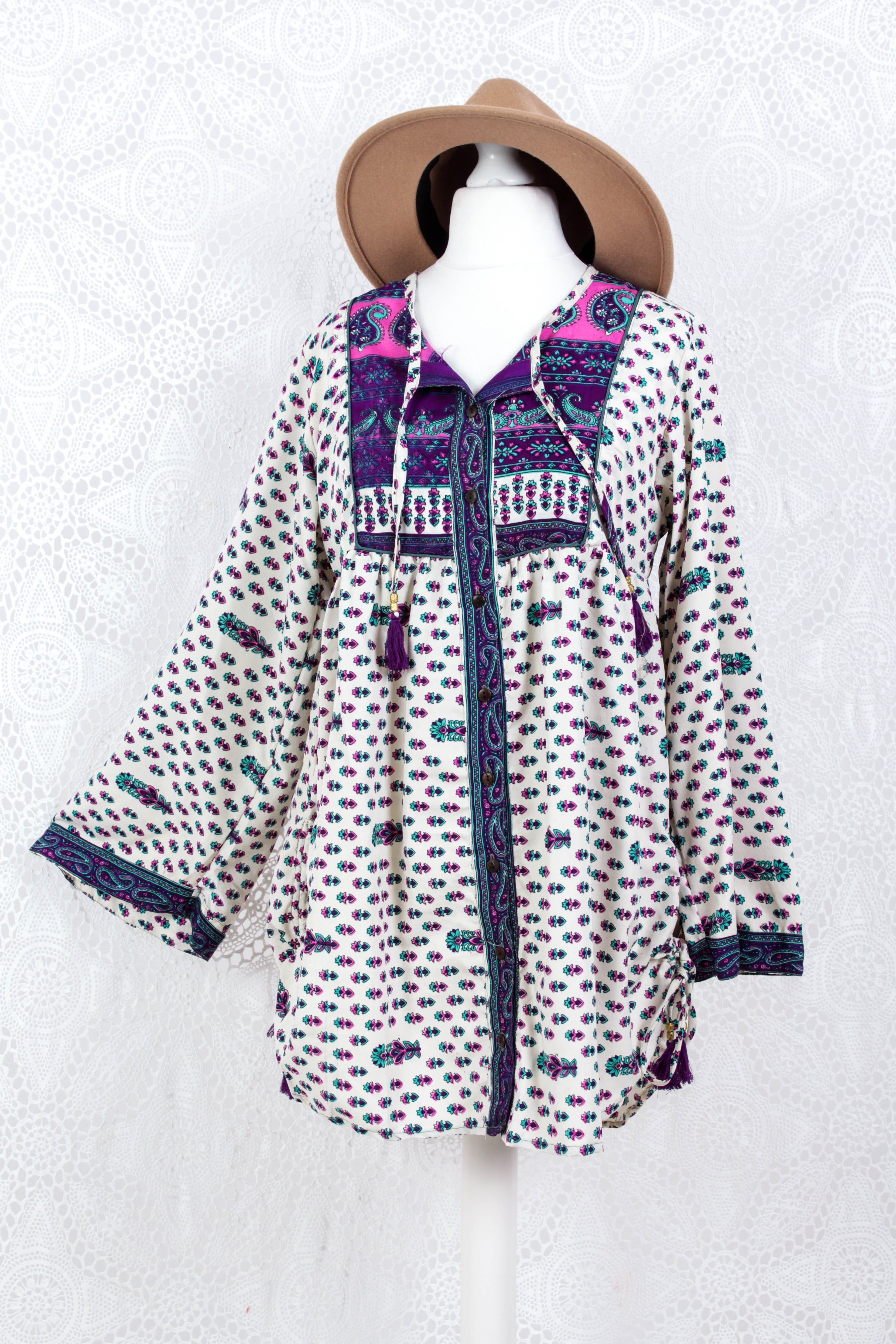 Jude Tunic Top - Vintage Indian Sari - Cream, Purple & Pink Floral (S/M)