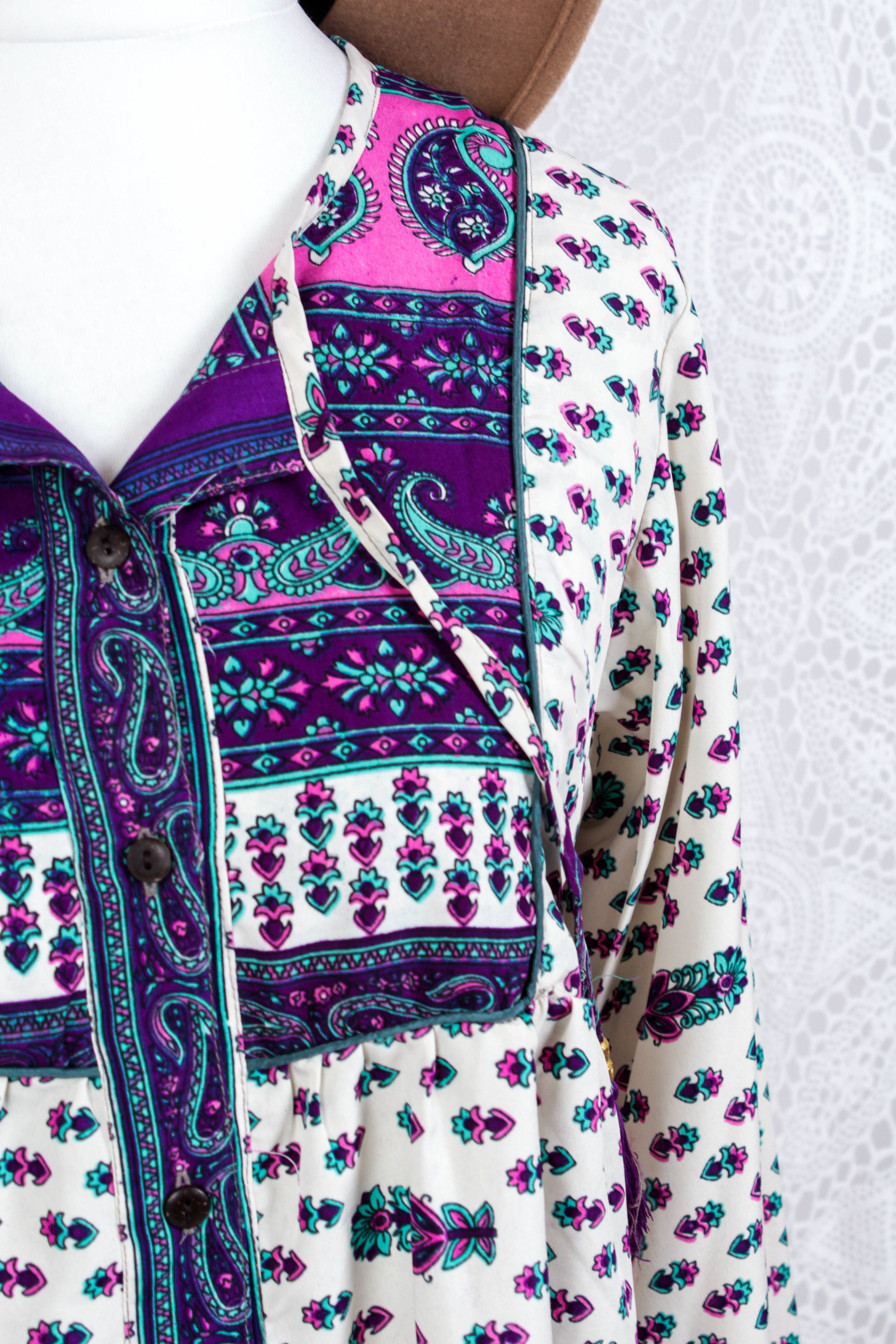 Jude Tunic Top - Vintage Indian Sari - Cream, Purple & Pink Floral (S/M)