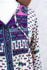 Jude Tunic Top - Vintage Indian Sari - Cream, Purple & Pink Floral (S/M)