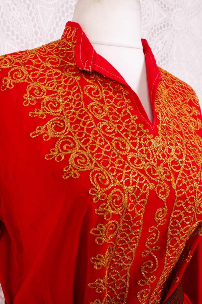 Vintage 70s Kaftan - Regal Red & Gold - Free Size