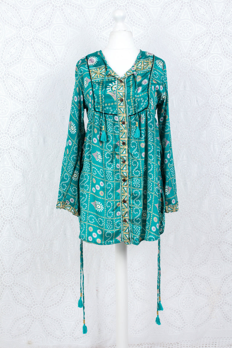Jude Tunic Top - Vintage Indian Sari - Teal & Gold Shimmer (XS)