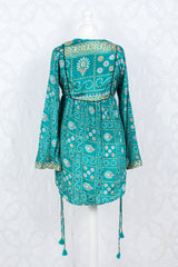 Jude Tunic Top - Vintage Indian Sari - Teal & Gold Shimmer (XS)