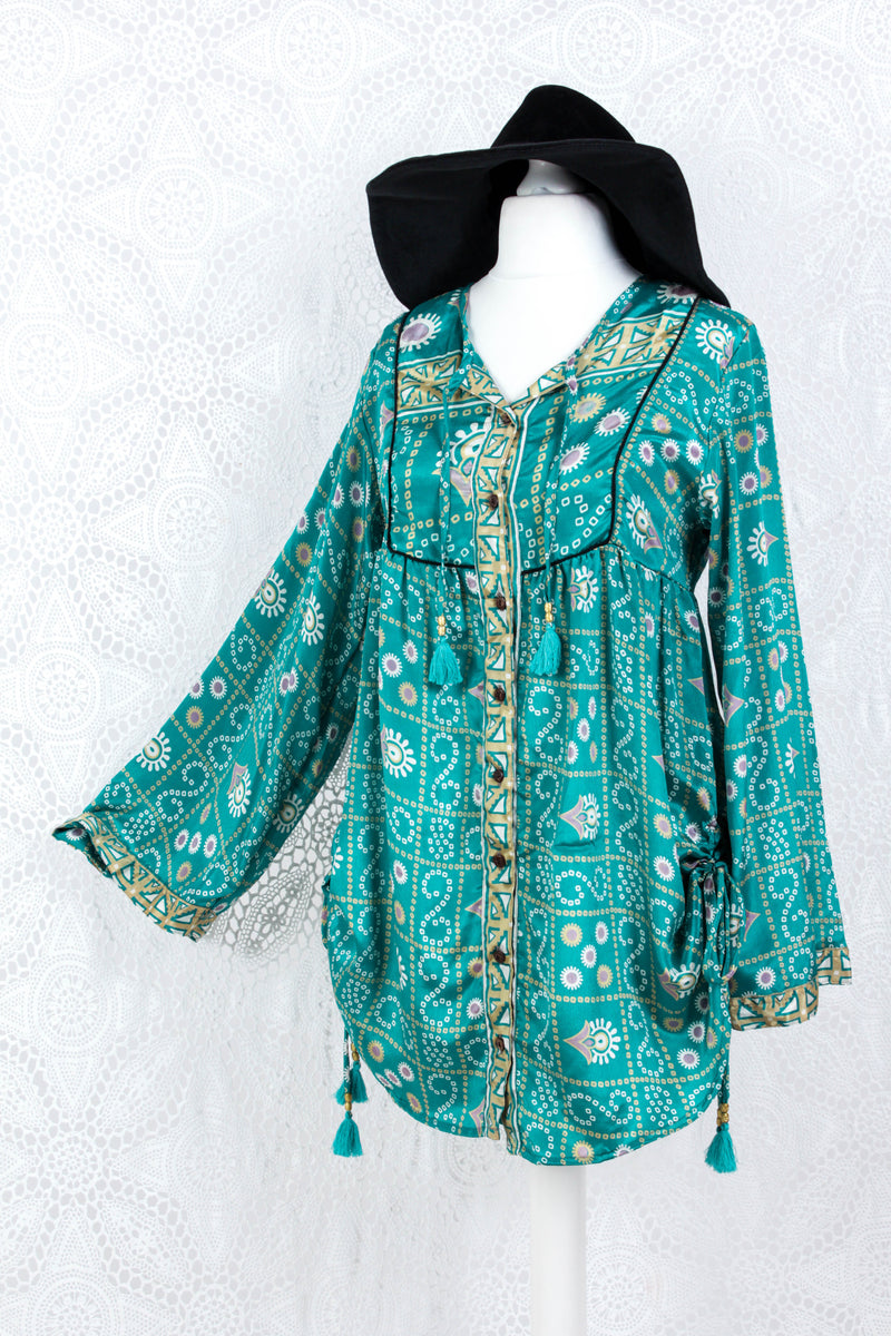 Jude Tunic Top - Vintage Indian Sari - Teal & Gold Shimmer (XS)