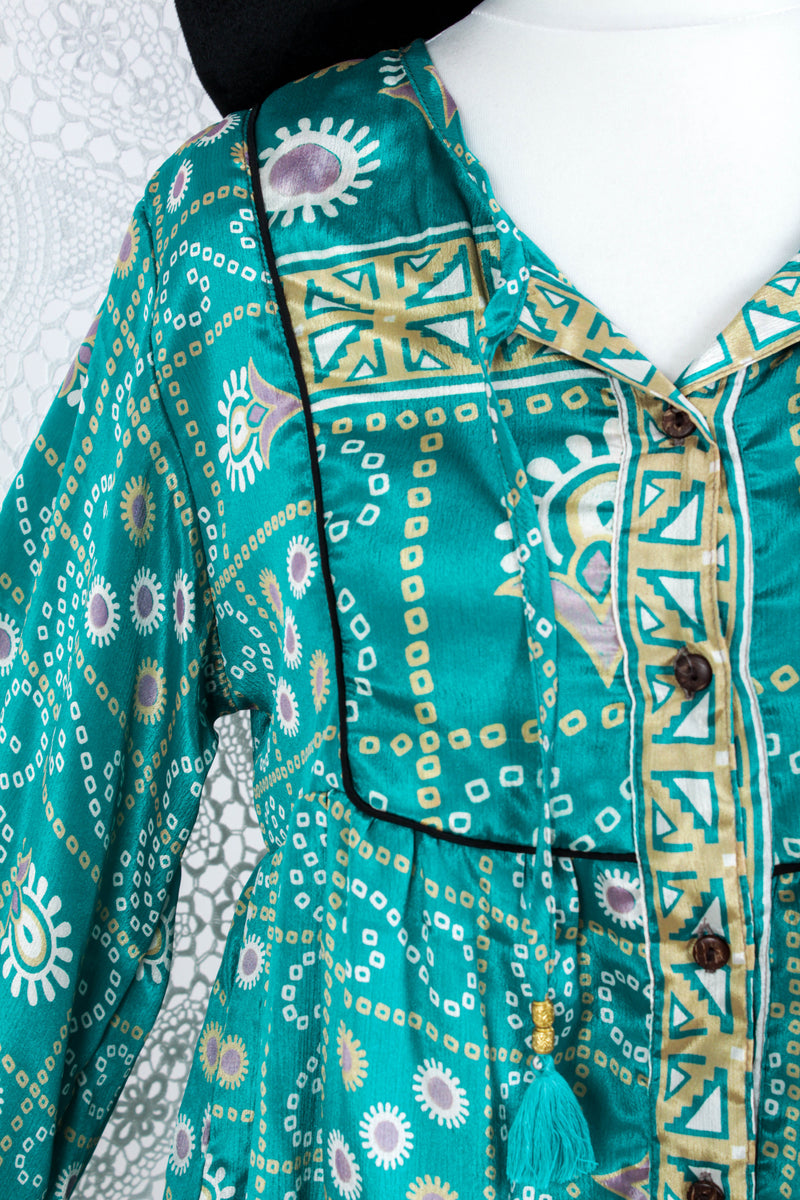 Jude Tunic Top - Vintage Indian Sari - Teal & Gold Shimmer (XS)