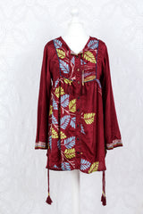 Jude Tunic Top - Vintage Indian Sari - Maroon Shimmer Leaves (S/M)