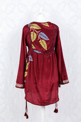 Jude Tunic Top - Vintage Indian Sari - Maroon Shimmer Leaves (S/M)