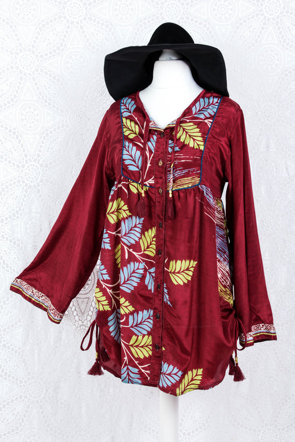 Jude Tunic Top - Vintage Indian Sari - Maroon Shimmer Leaves (S/M)