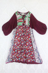 Daisy Midi Smock Dress - Vintage Indian Cotton - Aubergine, Jade & Cherry Floral - L/XL