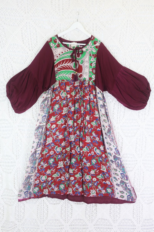 Daisy Midi Smock Dress - Vintage Indian Cotton - Aubergine, Jade & Cherry Floral - L/XL